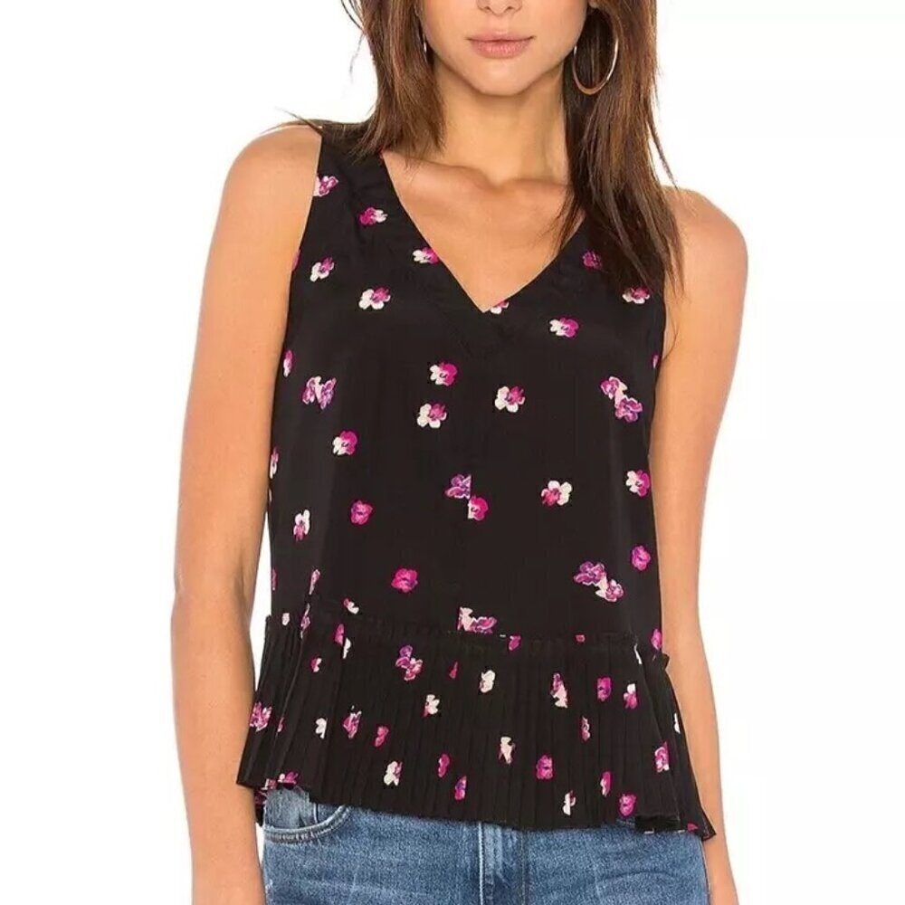 Rebecca Taylor Floriana Black Silk Pleat Sleeveless V-Neck Top